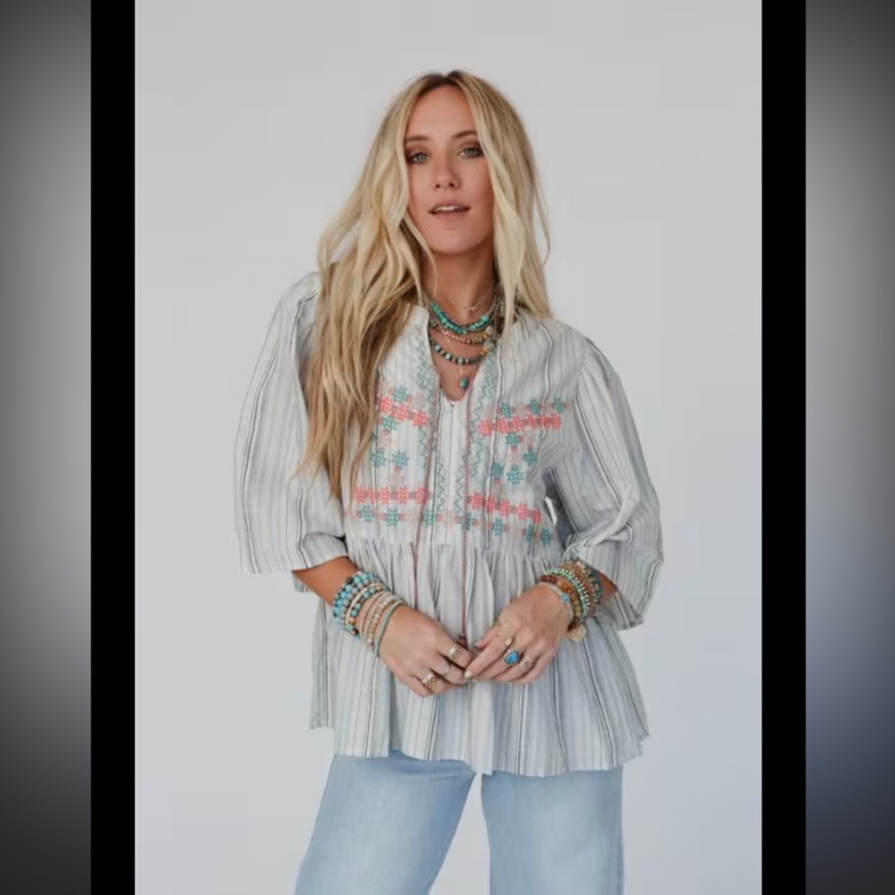 Three birds nest. Easel Striped top with Pink and Blue Embroidery